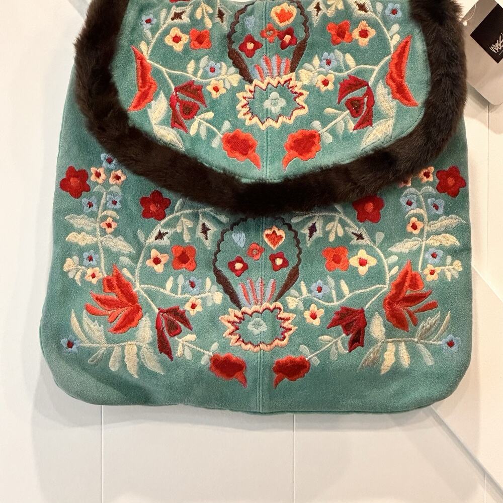 Mossimo Genuine Suede Leather Bag Purse Faux Fur Trim Embroidered Floral Boho - Picture 2 of 12